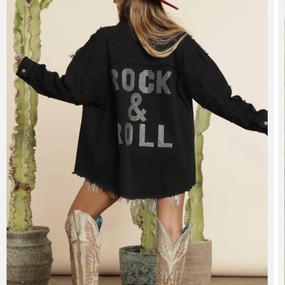 Blue B Collection Rock & Roll Rhinestone Distressed Denim Jacket in Black